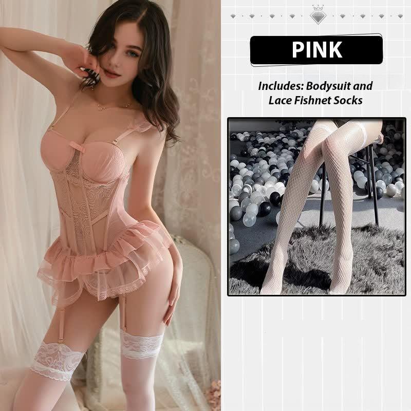 Pink + Mesh Stockings lace padded corset lingerie set