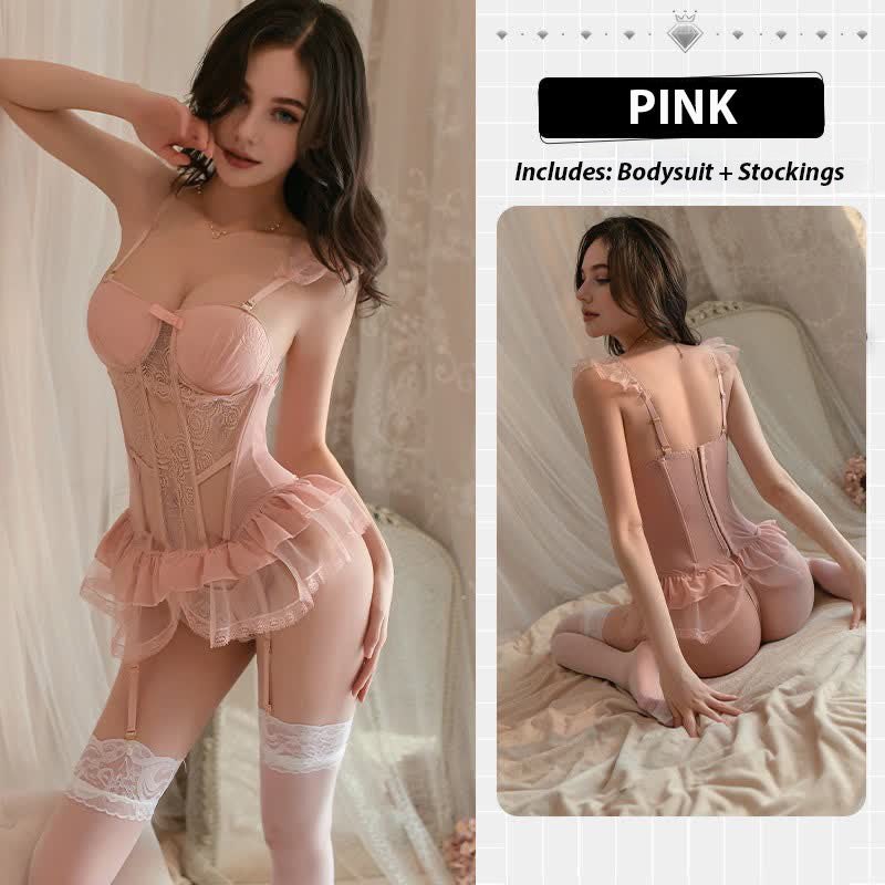 Pink + Stockings lace padded corset lingerie set
