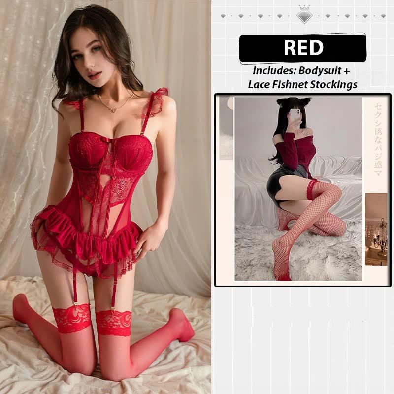 Wine Red + Mesh Stockings lace padded corset lingerie set