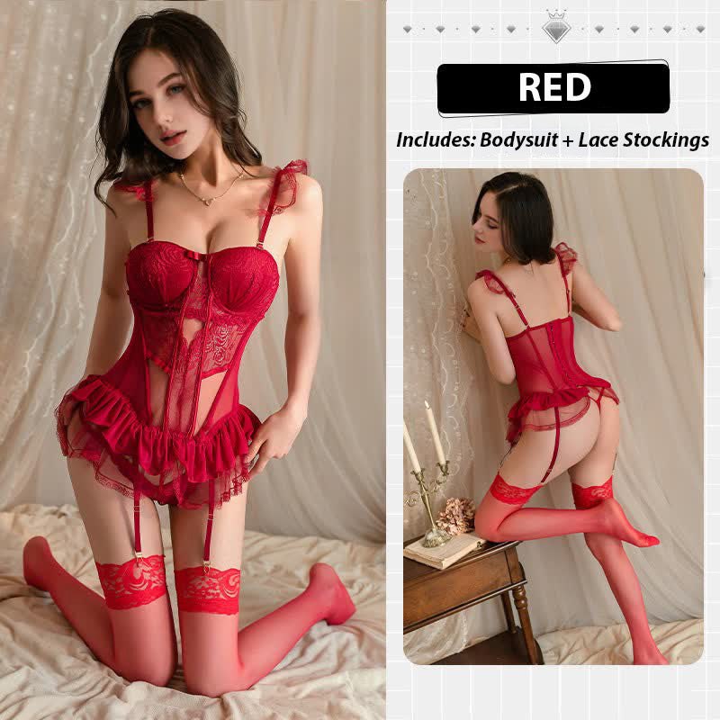 Wine Red + Silk Stockings lace padded corset lingerie set