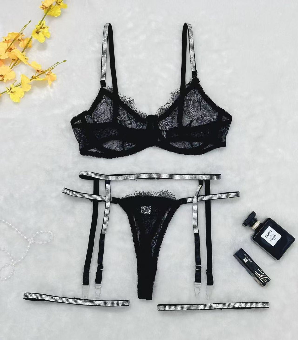 Black lace t-back garter four piece lingerie set