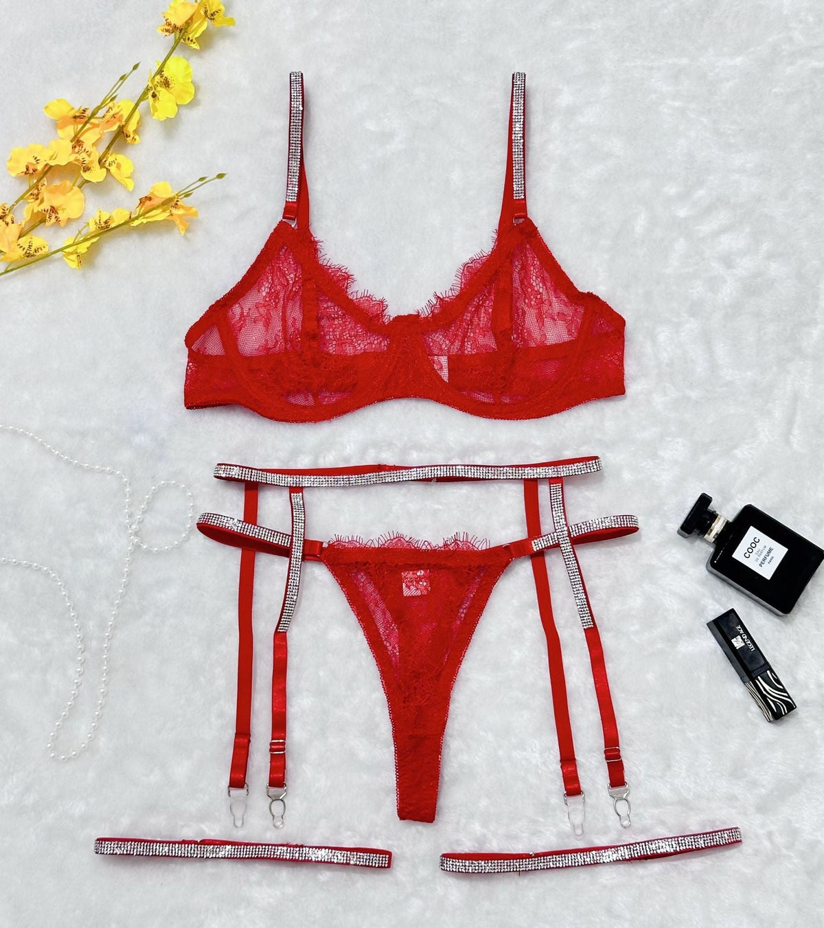 Red lace t-back garter four piece lingerie set