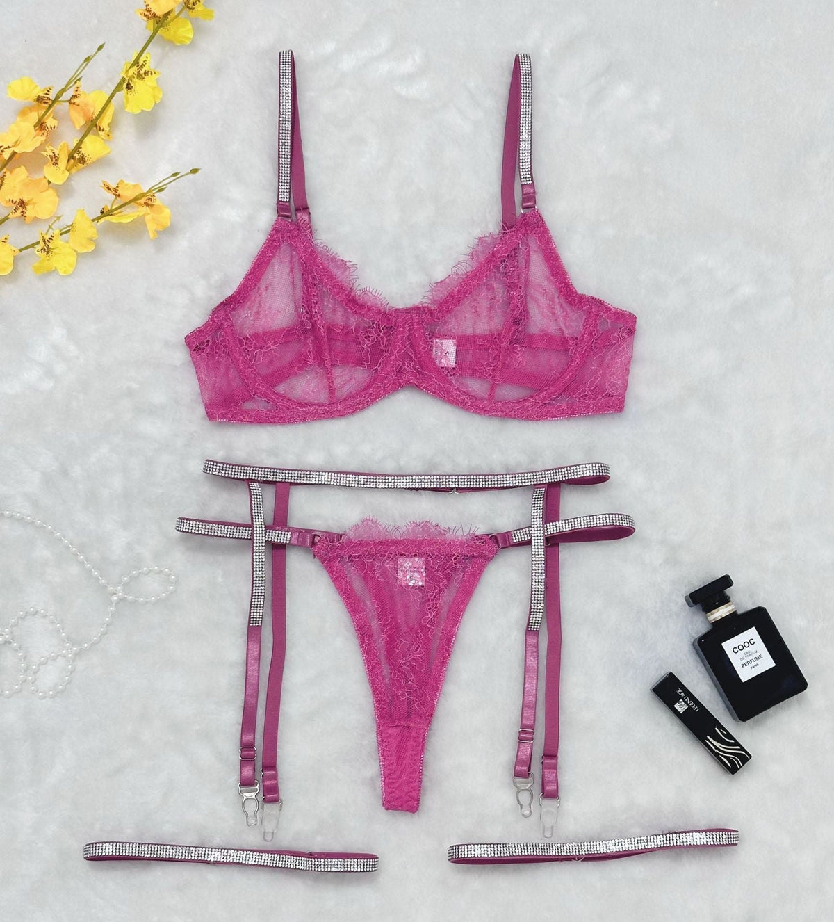 Rose Red lace t-back garter four piece lingerie set