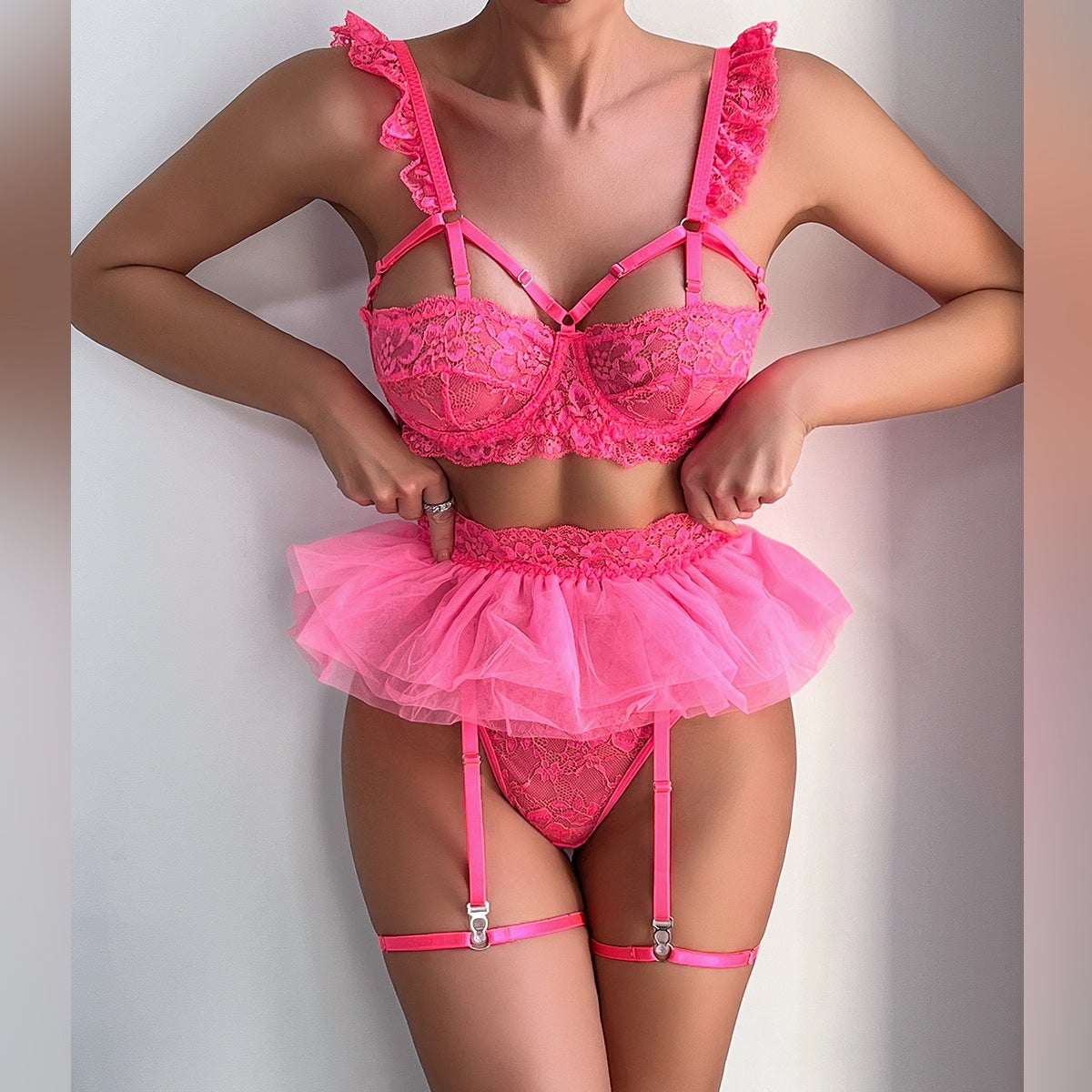 Pink lace underwire bra tulle skirt set