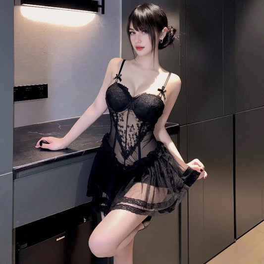 Black lace underwire mesh corset