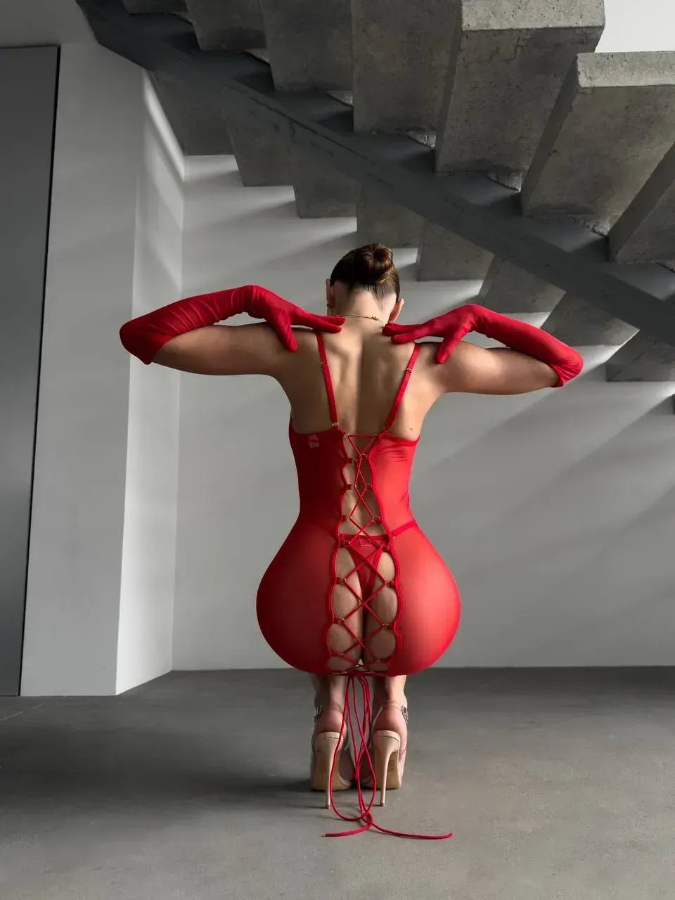 Lace-up back mesh bodystocking with gloves, photo 9