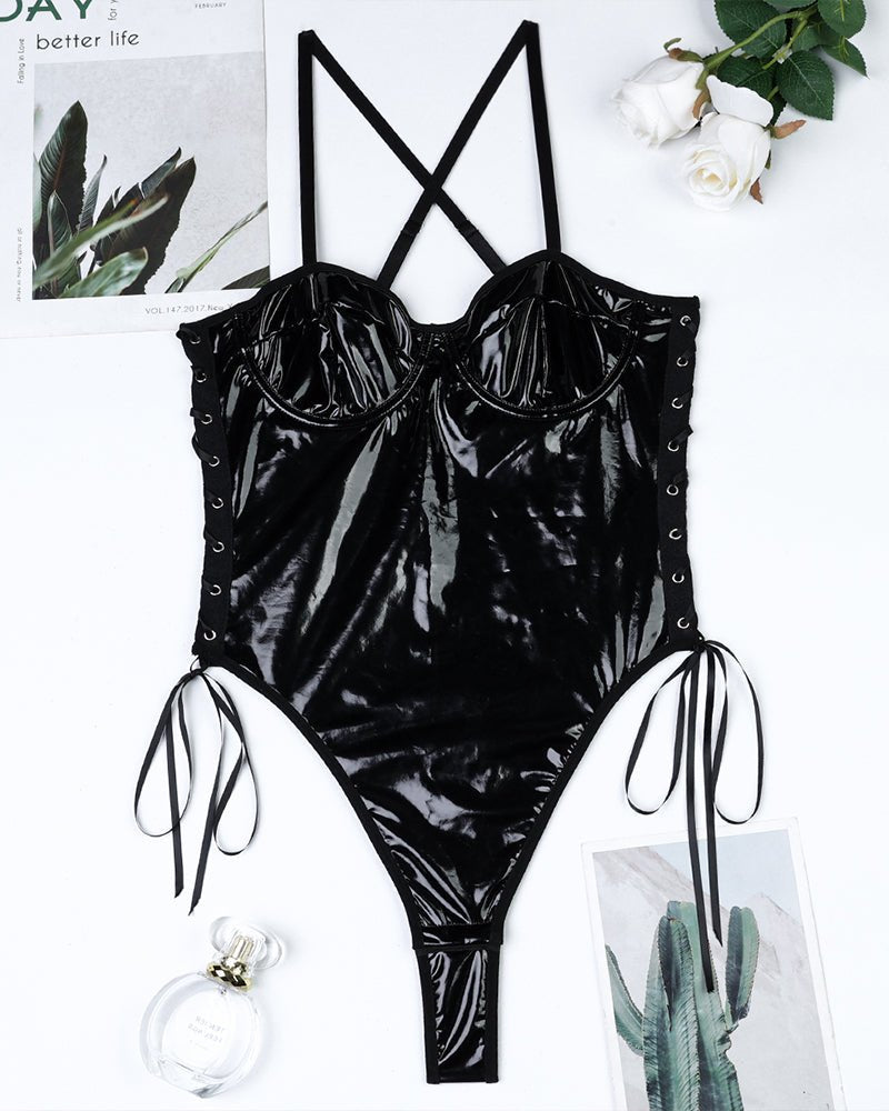 Lace up faux leather camisole bodysuit, photo 4