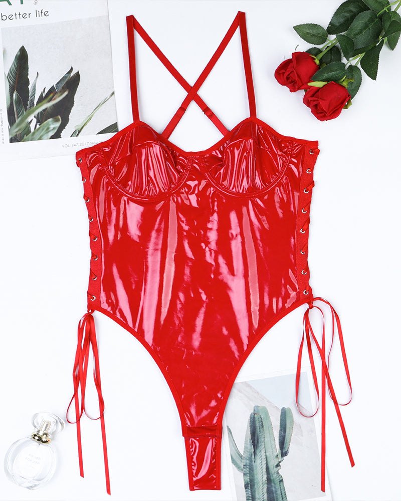 Lace up faux leather camisole bodysuit, photo 9