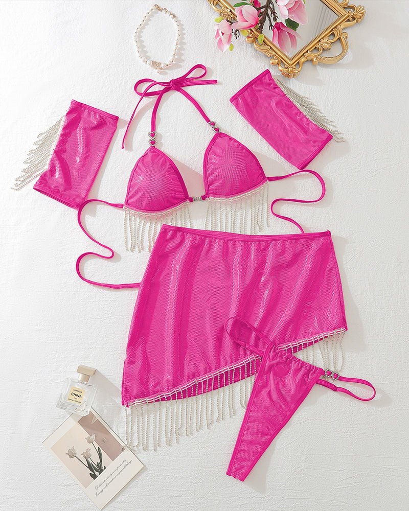 Lace up halter tassel bra set lingerie, photo 4