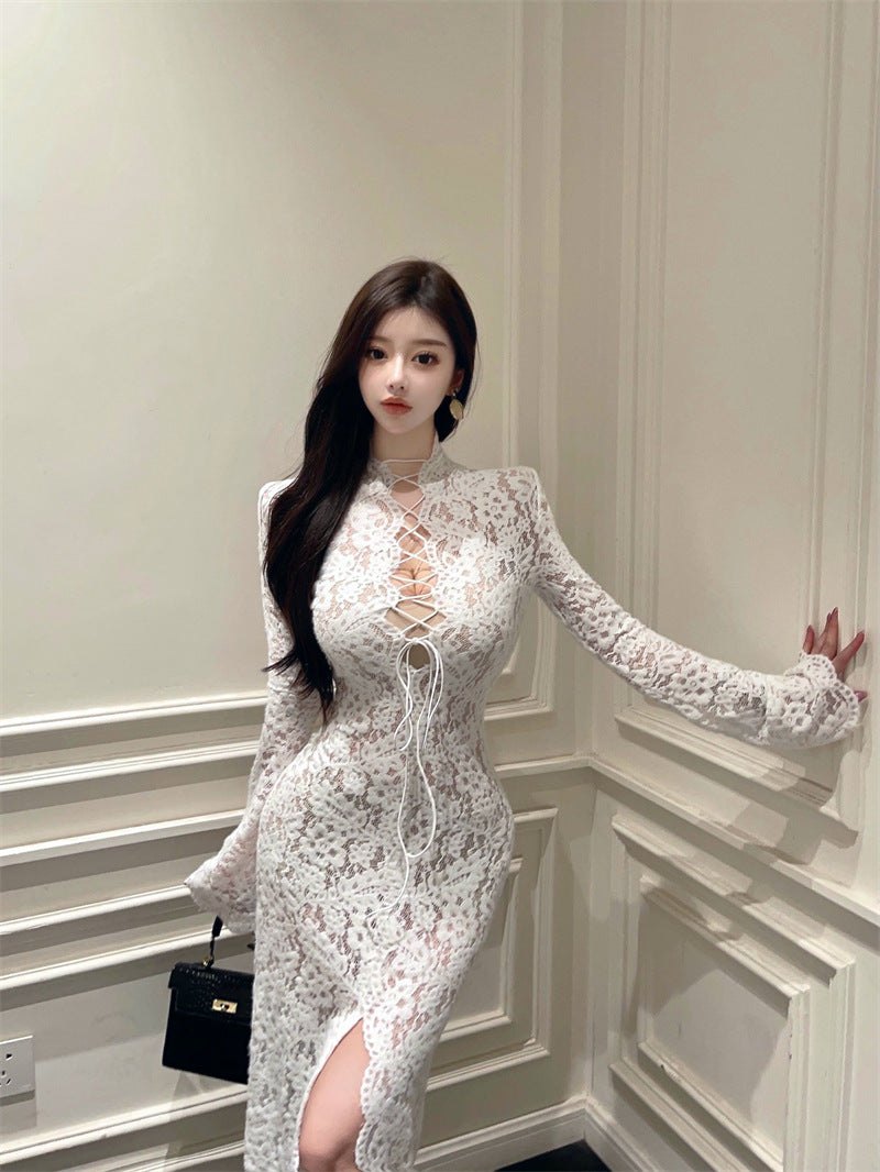 White lace up high neck sheer maxi gown, photo 4