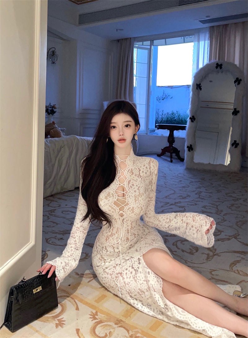 White lace up high neck sheer maxi gown, photo 5