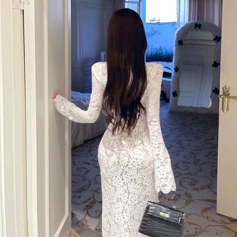 White lace up high neck sheer maxi gown, photo 6