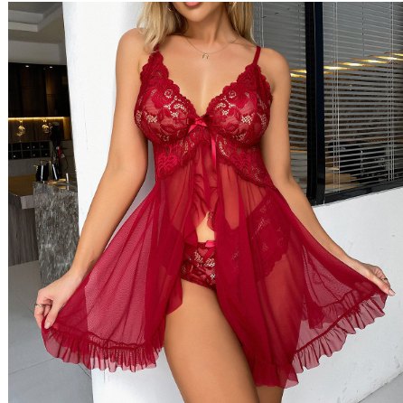 Burgundy lace v neck suspender nightdress babydoll