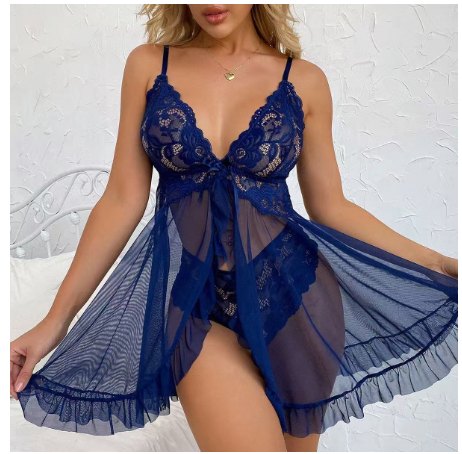 Navy Blue lace v neck suspender nightdress babydoll