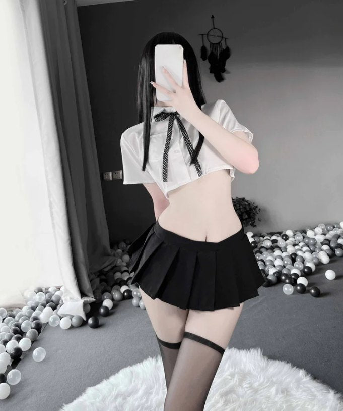 Top + Skirt + Stockings lapel bow tie pleated skirt costume
