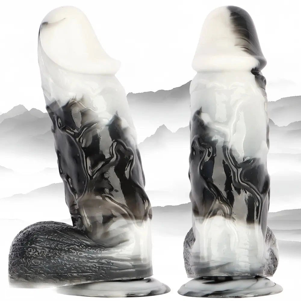 Black and white marbled realistic pvc dildo, photo 3