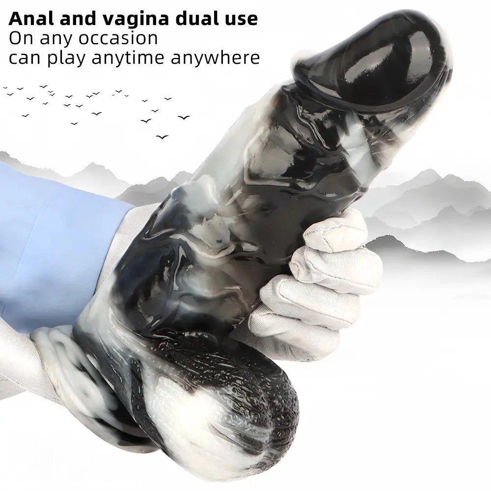 Black and white marbled realistic pvc dildo, photo 4
