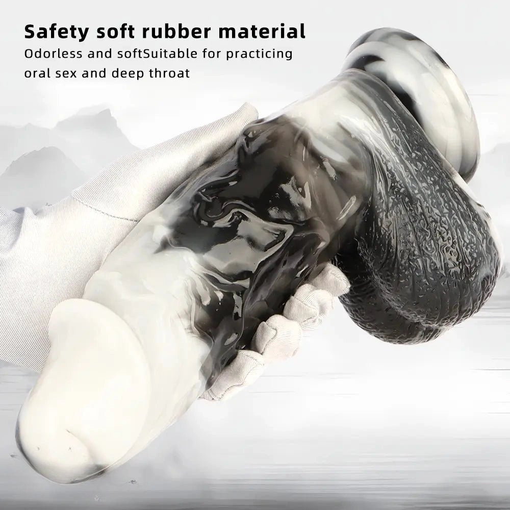 Black and white marbled realistic pvc dildo, photo 5
