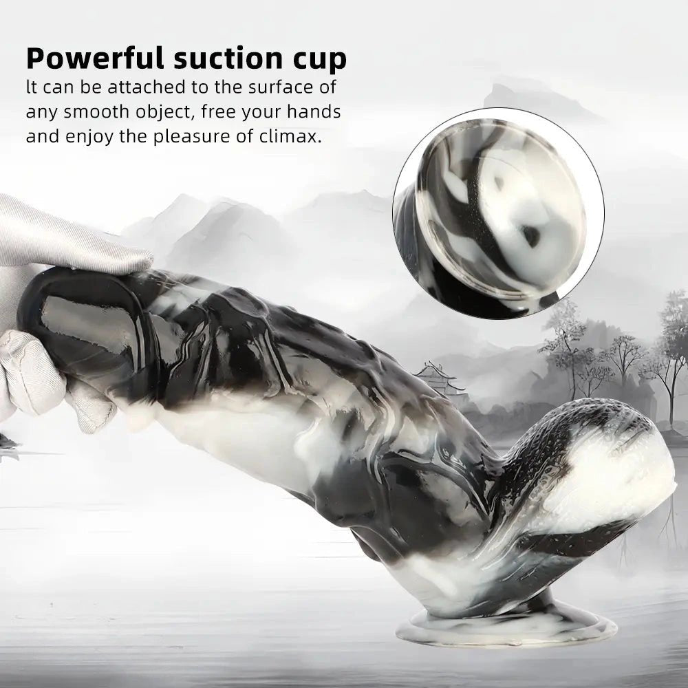 Black and white marbled realistic pvc dildo, photo 6