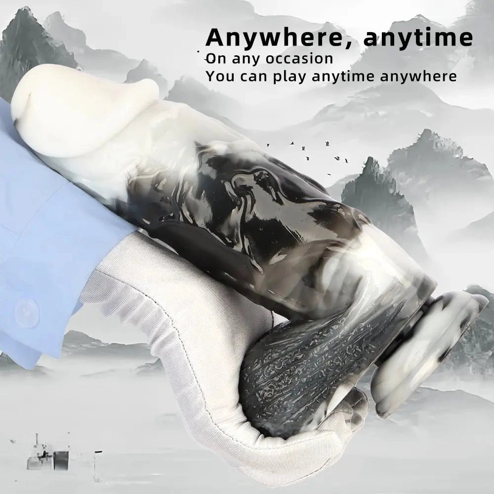 Black and white marbled realistic pvc dildo, photo 7