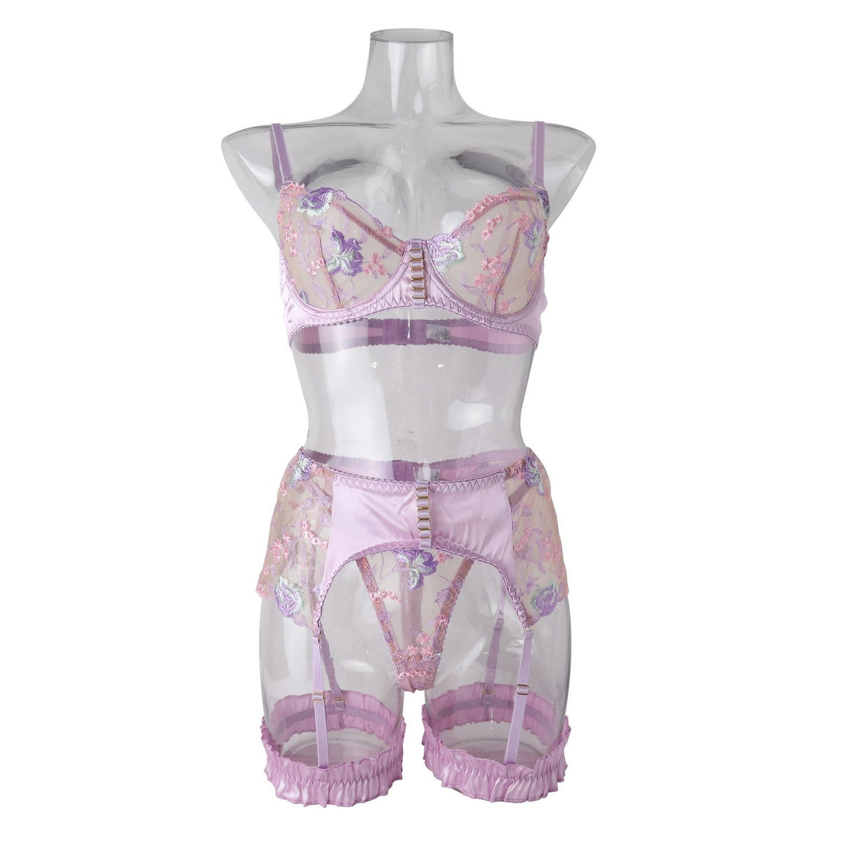 Lavender lace embroidered garter lingerie set, photo 5