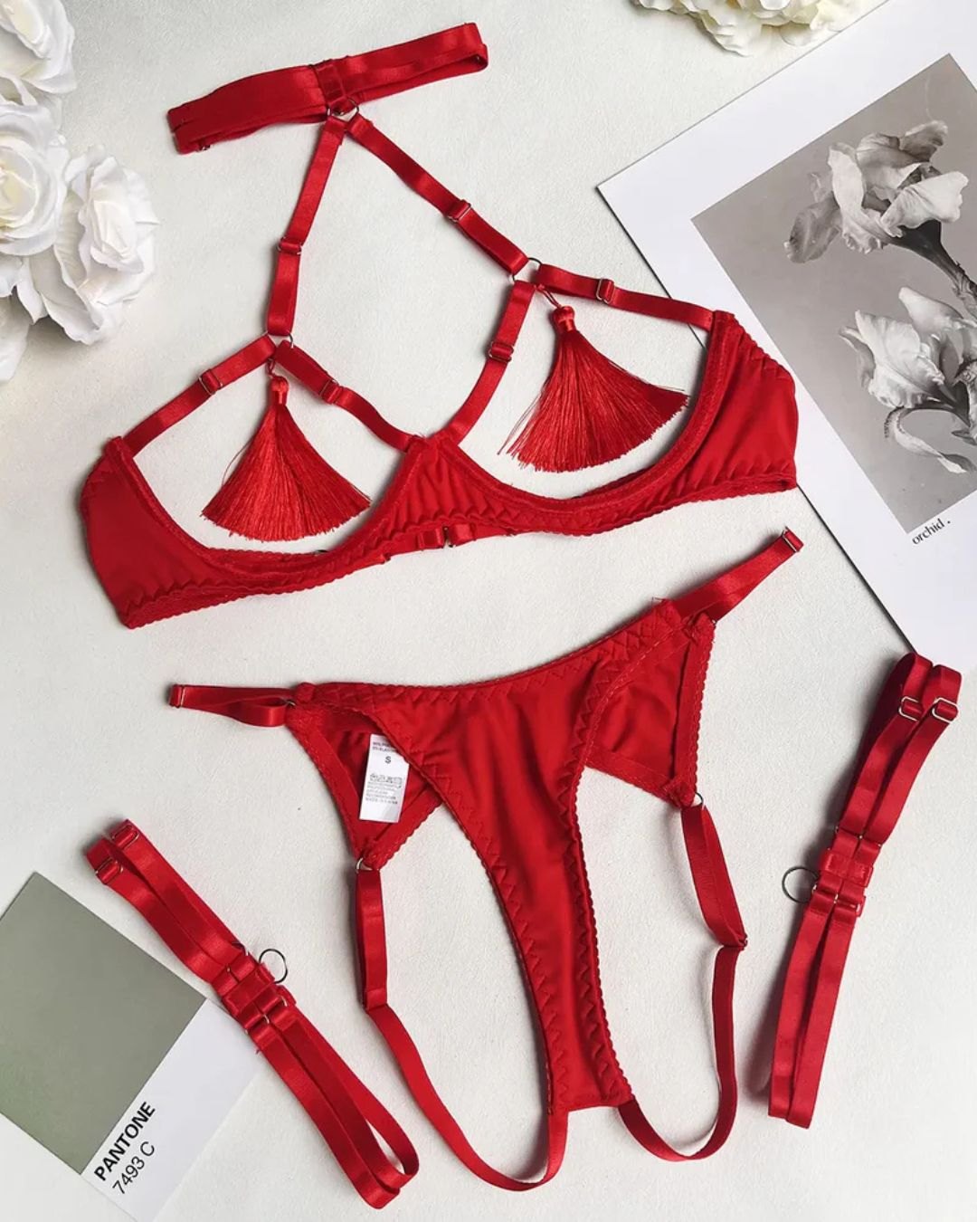 Lace tassel strap lingerie set with thigh clips, photo 9