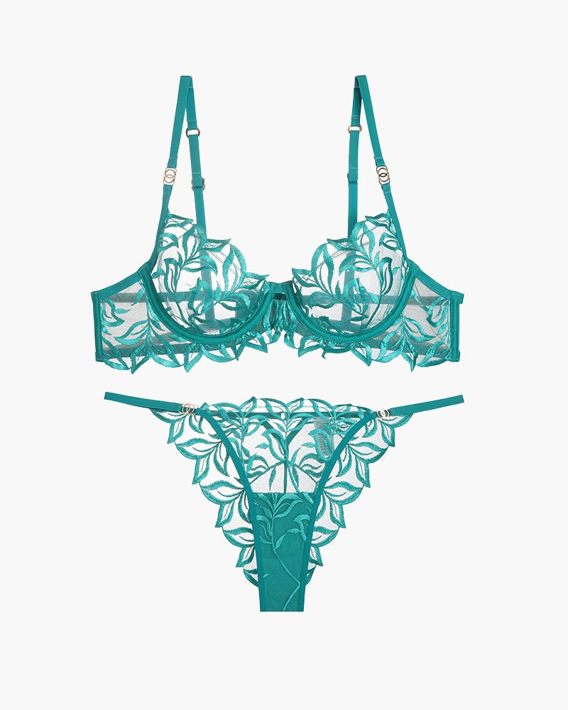 Leaf embroidery sheer mesh balconette bra set, photo 2