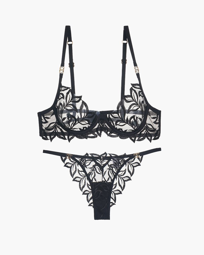 Leaf embroidery sheer mesh balconette bra set, photo 4