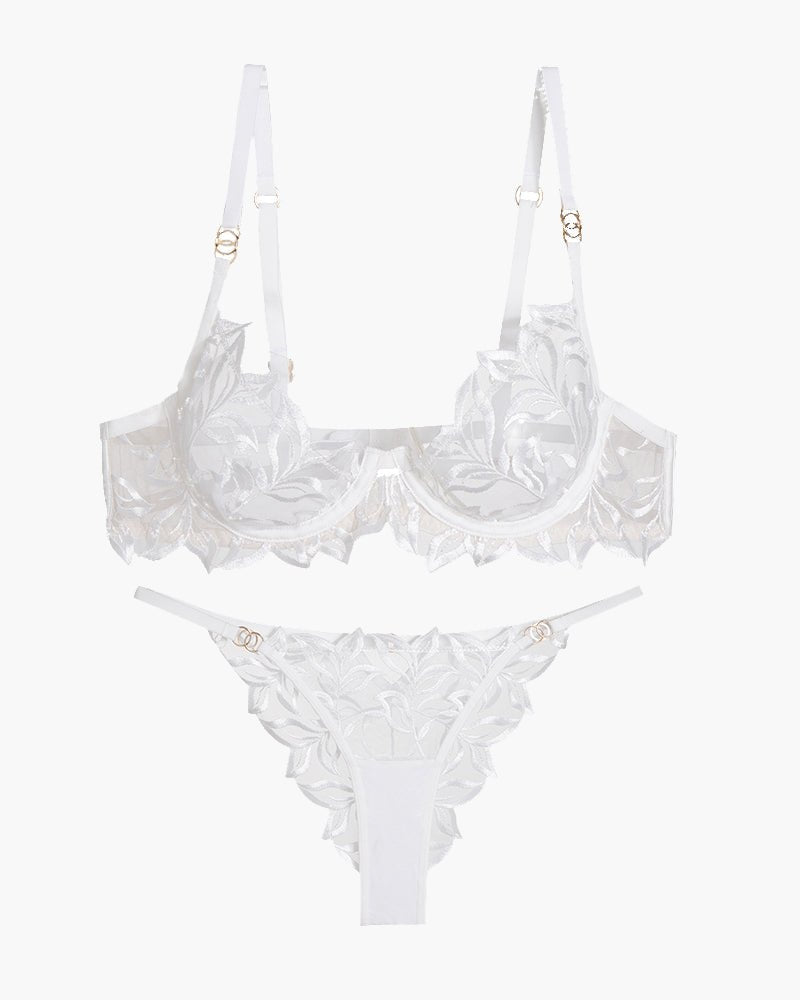 Leaf embroidery sheer mesh balconette bra set, photo 9
