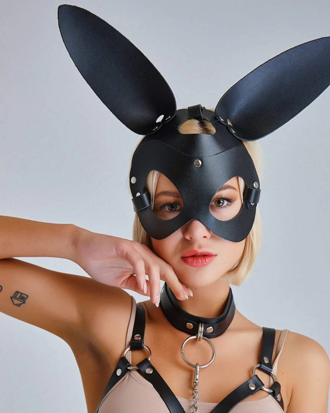 Black vegan leather bunny ear mask, photo 1