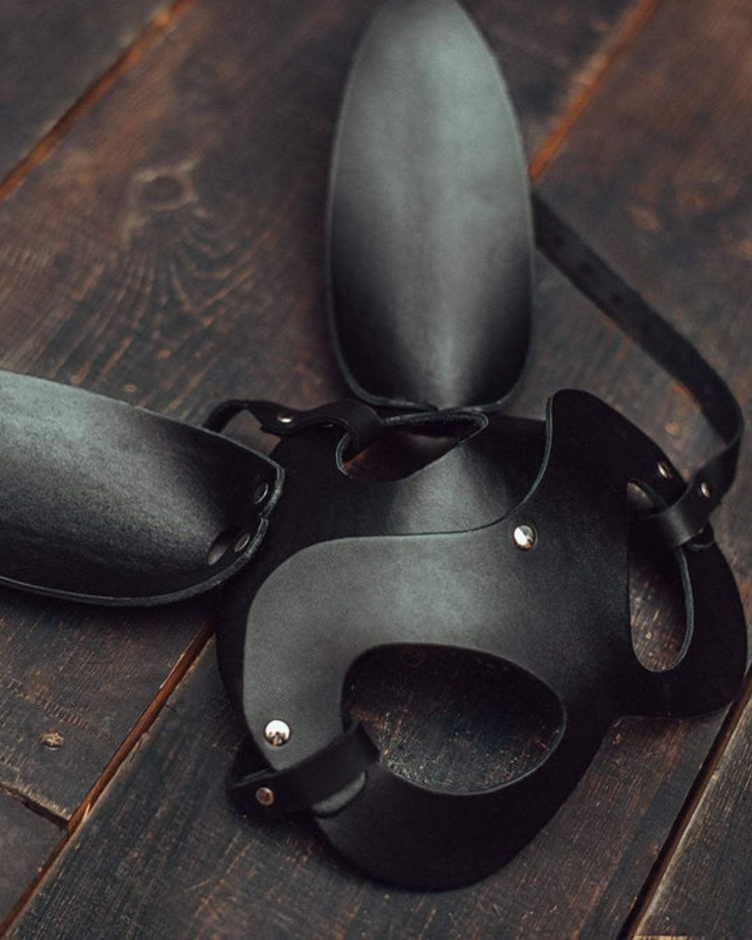 Black vegan leather bunny ear mask, photo 2