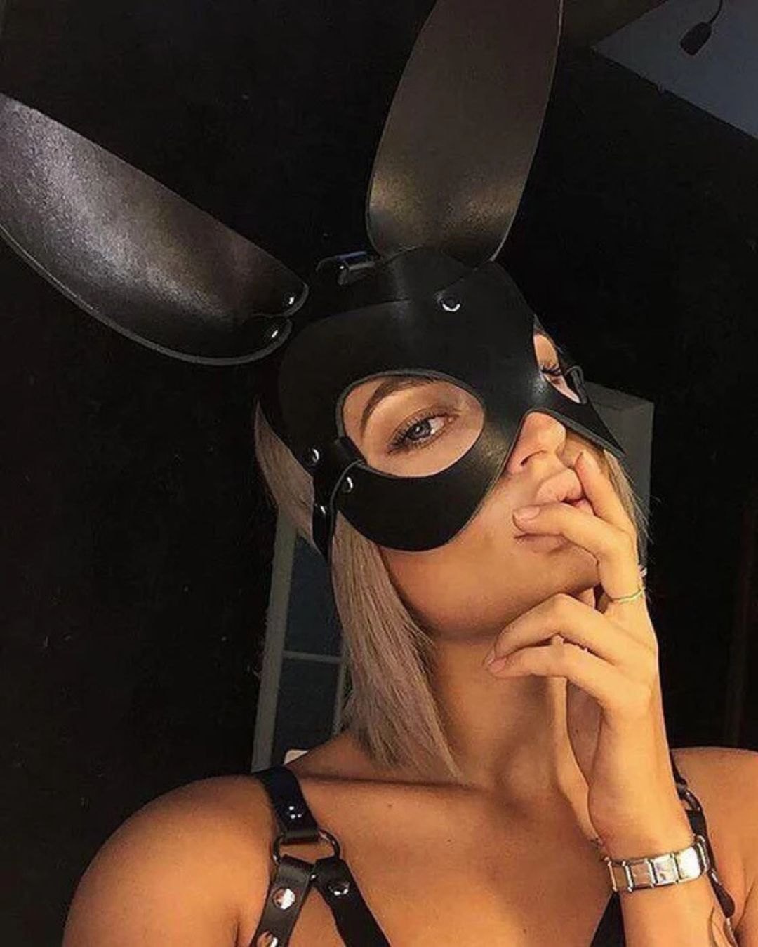 Black vegan leather bunny ear mask, photo 3
