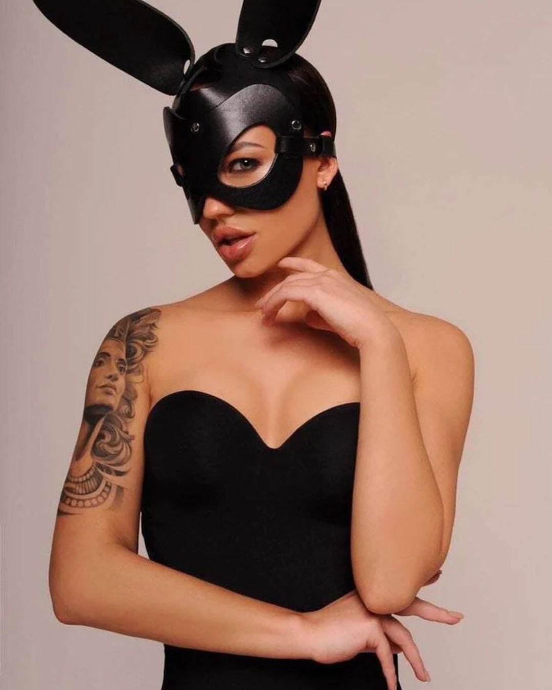 Black vegan leather bunny ear mask, photo 4