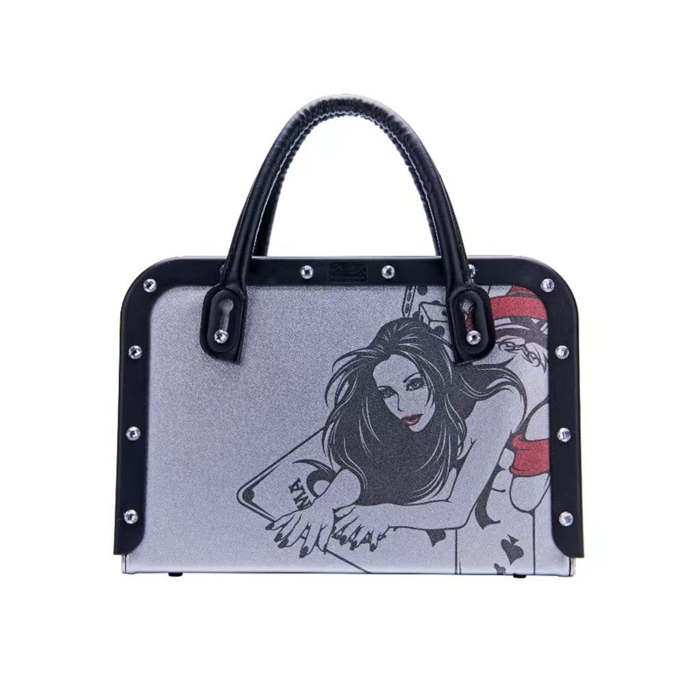 Brunette Woman(white) patterned briefcase-style thrusting sex machine
