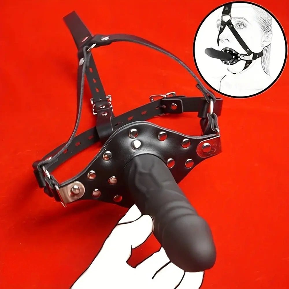 Black leather harness mouth gag, photo 1