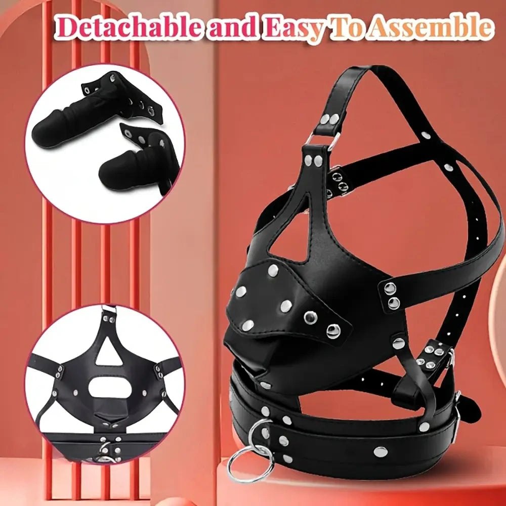 Black faux leather mouth gag head harness, photo 4