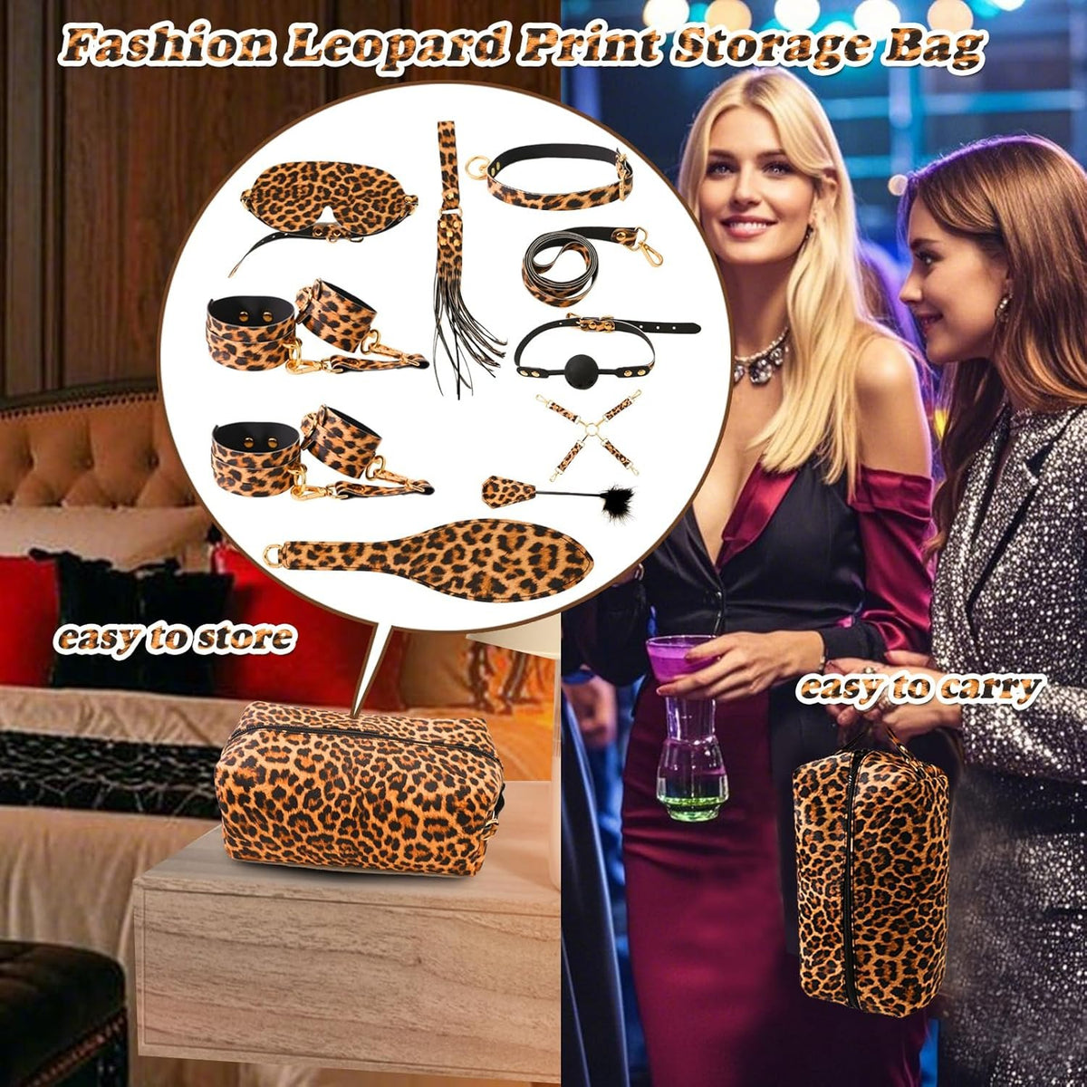 Leopard print 10-piece bondage set with blindfold and cuffs, photo 4