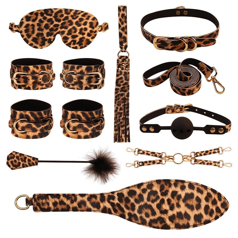 Leopard print 10-piece bondage set with blindfold and cuffs, photo 6