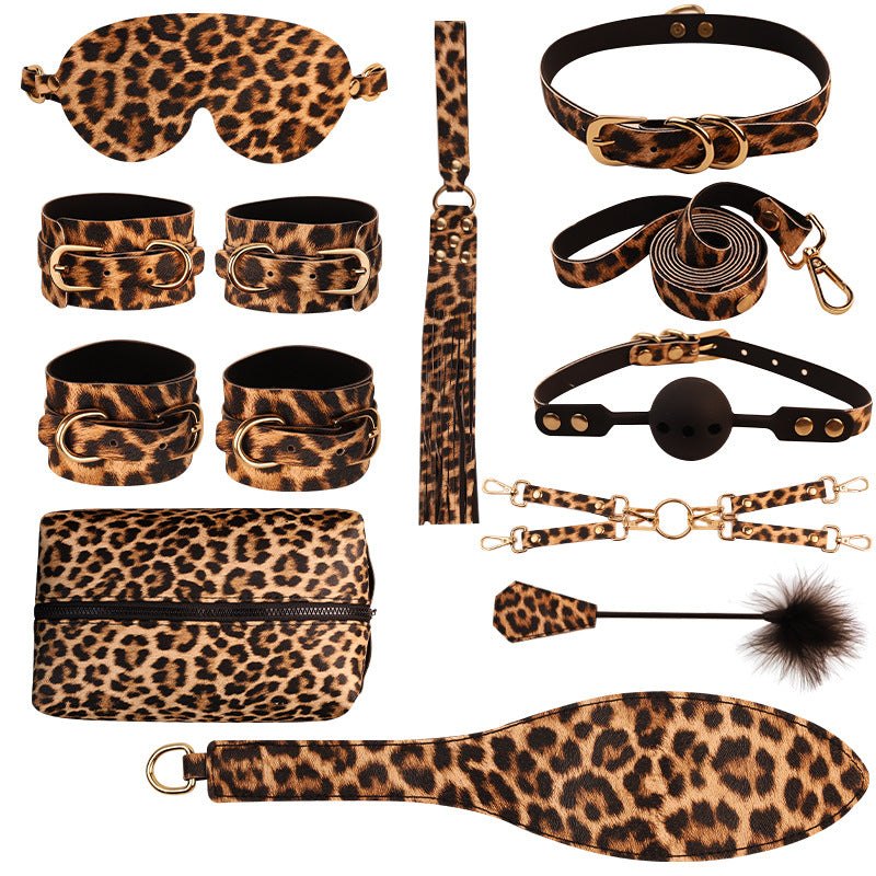 Leopard print 10-piece bondage set with blindfold and cuffs, photo 7