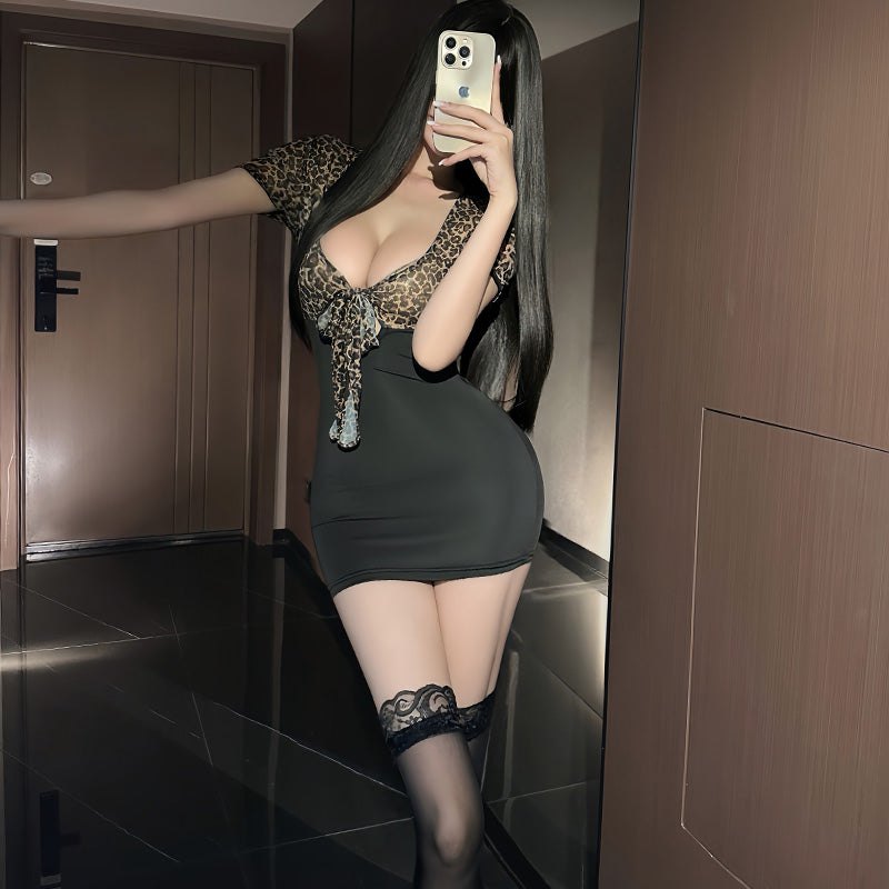Leopard + Socks leopard print deep v hip skirt chemise