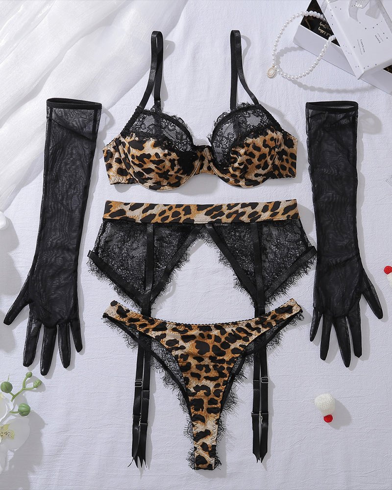 Leopard print eyelash lace garter set gloves, photo 5