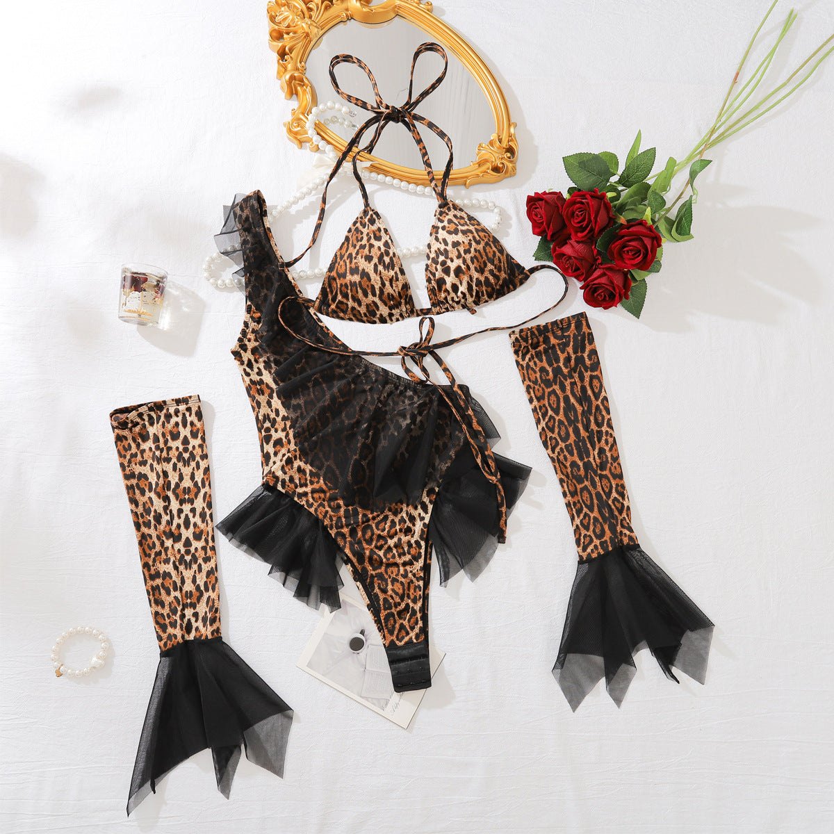 Leopard print glove open crotch bra set, photo 5