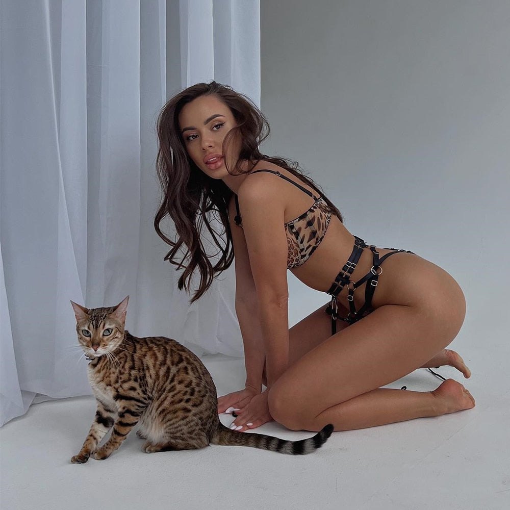 Leopard print harness mesh bra set, photo 4