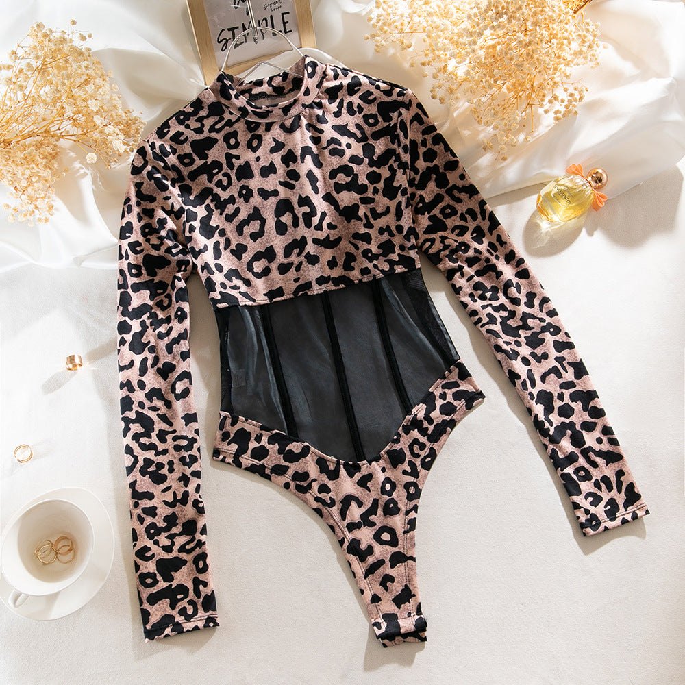 S leopard print long sleeve mesh bodysuit