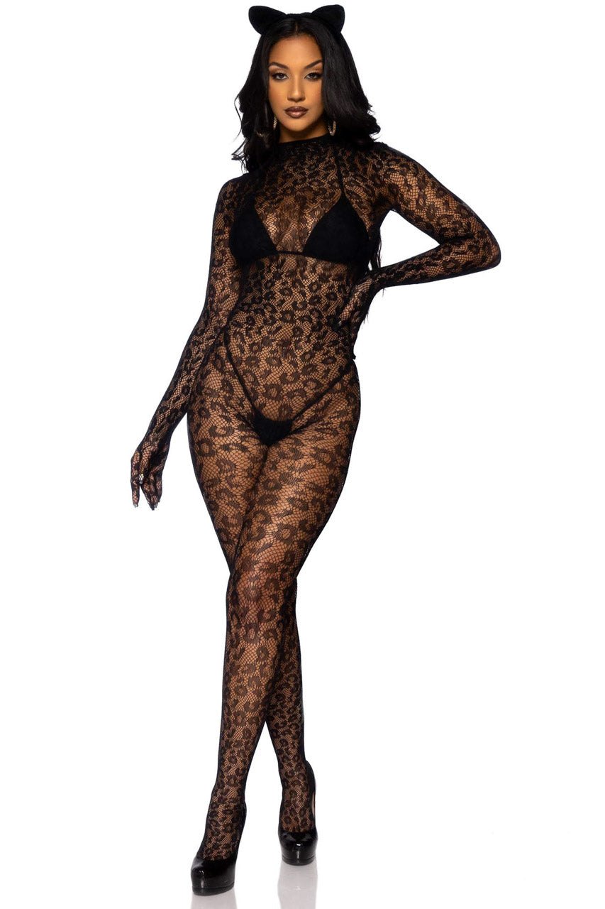 Black leopard print lace catsuit bodystocking