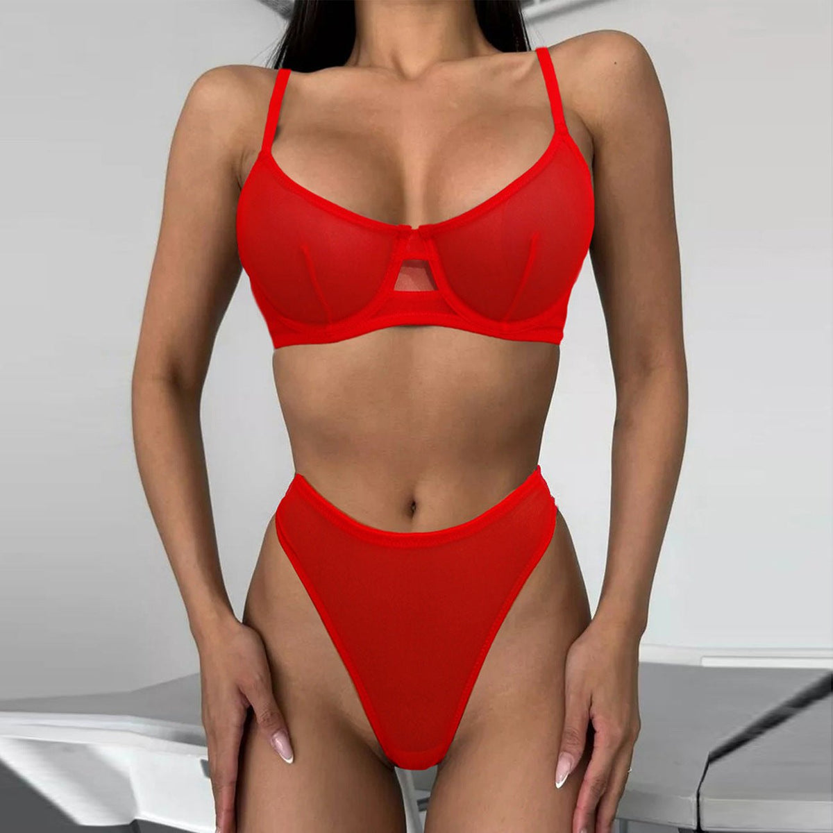 Red leopard print sheer mesh push up bra set
