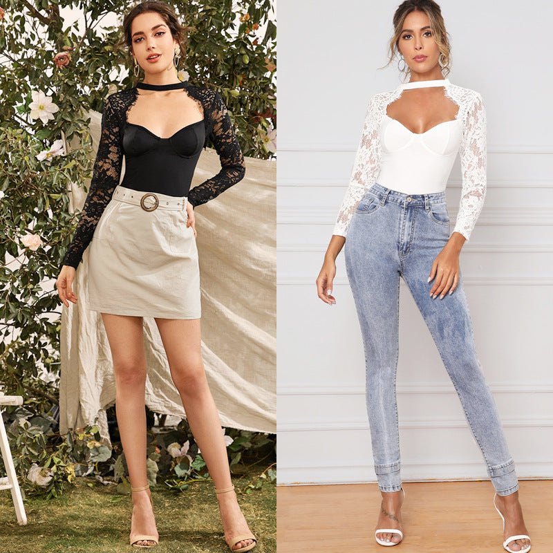 Long sleeve low cut lace backless bodysuit, photo 5