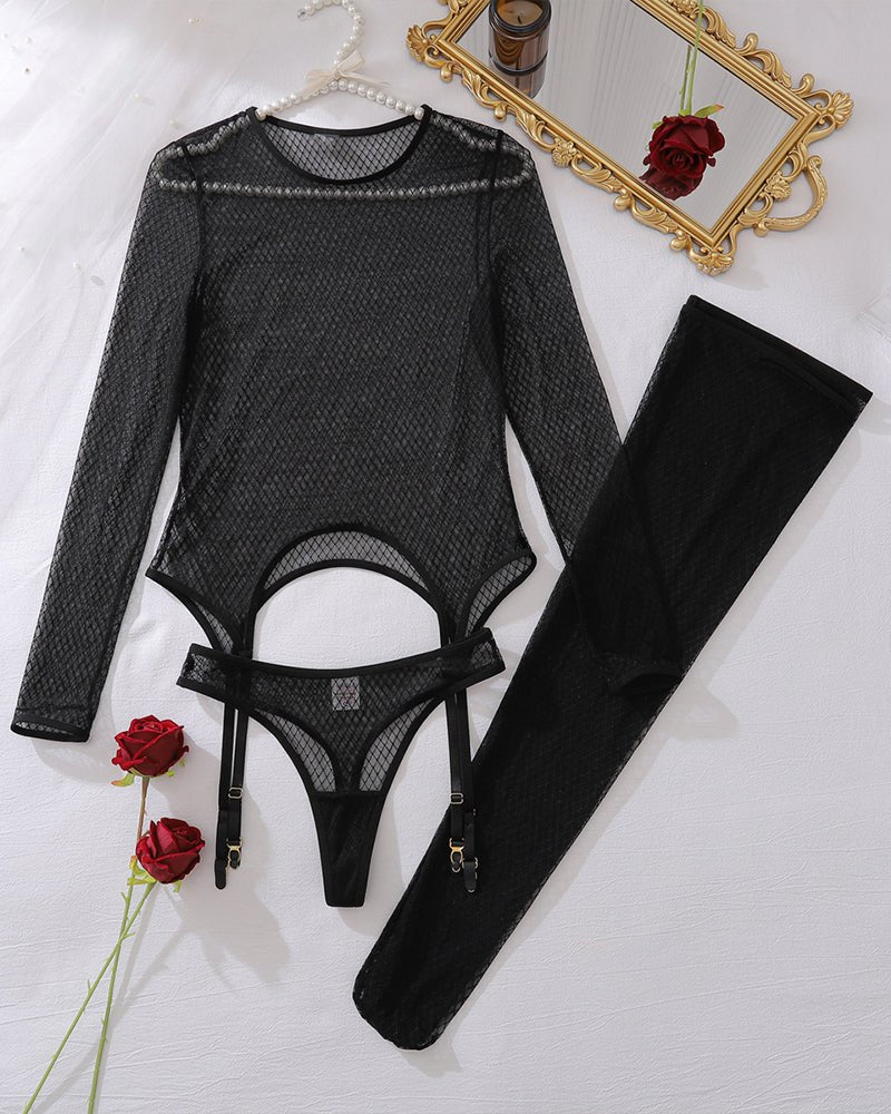 Long sleeve sheer fishnet bodysuit stockings, photo 5
