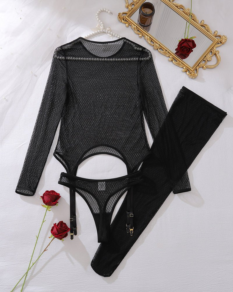 Long sleeve sheer fishnet bodysuit stockings, photo 6