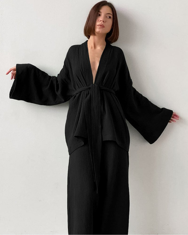 Black loose fit gauze pajama bathrobe set